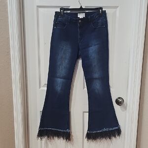For The Republic Navy Flare Jeans with Feather Detail
